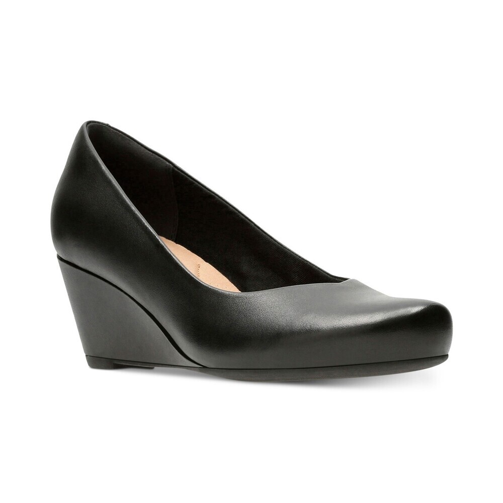 Clarks Flores Tulip Pump Womens US 6.5 Black Leather Round Toe Wedge Heel LION66